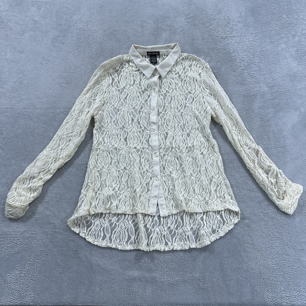 Miss Chievous Lace Button Top Women's XL Collar Long Sleeve Western White